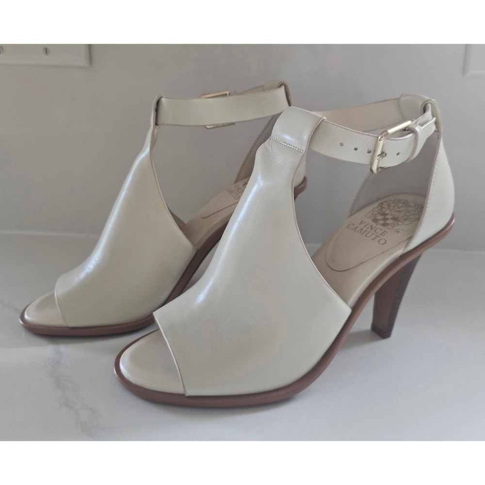 Vince Camuto Frasper Cream Leather Peep Toe Ankle Strap Heels Womens 7.5 M